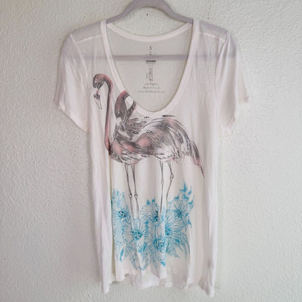 Key Top Womens Small Flamingos Swarovski Rhinestone Y2K Tee Shirt Key Closet
